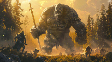 A giant troll with a huge spear in his hand is fightin - obrazy, fototapety, plakaty