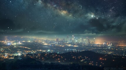 Obraz premium Starry Cityscape AweInspiring Night View from Hilltop with Glittering Galaxy and Urban Lights Below