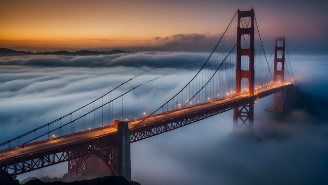 Mystical fog enveloping the Golden Gate Bridge Photo real for Legal reviewing theme ,Full depth of field, clean bright tone, high quality ,include copy space, No noise, creative idea