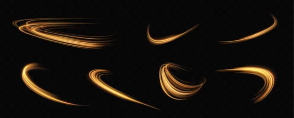 Poster Golden glowing swirl. The effect of moving at the speed of light. Easy trail. Shiny wavy path. Vector.Neon light. © blagorodez