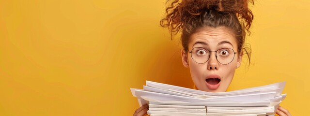 Surprised woman with big stack of paper documents, workload overtime concept. Background with copyspace for your text