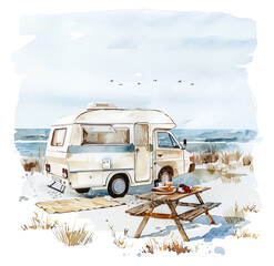 Vintage camper van parked by the beach