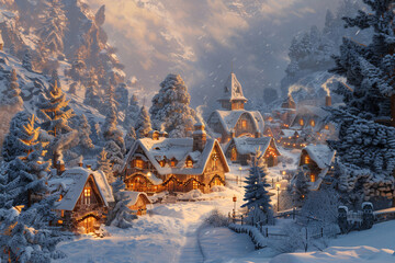 a snow covered village with lights