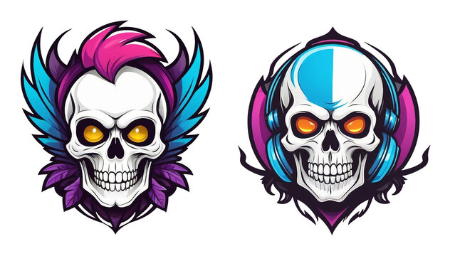 two skulls with colorful hair and orange eyes, logo concept design, middle shot, skull