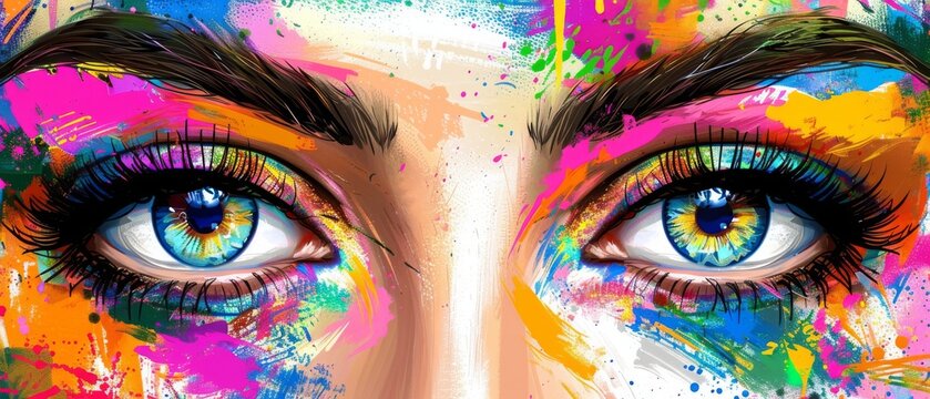  A woman with expressive eyes and colorful makeup is captured in a close-up portrait