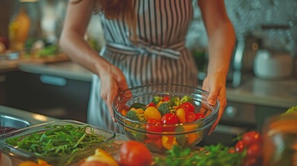 A woman loads a vegetable-filled bowl into the microwave.
