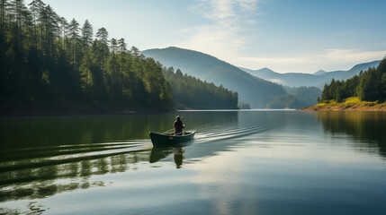 Fototapeta premium People are sitting in a fishing boat on a lake with a beautiful view in the background.