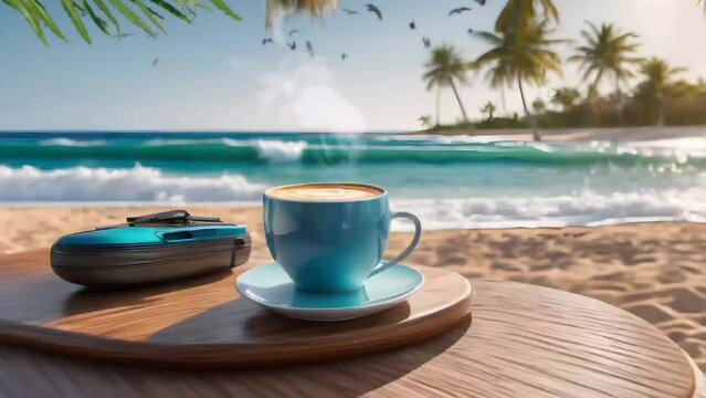 Coffee on the beach with seagulls. Seamless looping time-lapse 4k video animation background