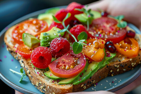 A plate of food with avocado, tomatoes, and raspberries. A bright close-up view of a grip clasping a chic avocado toast with vivid toppings, ideal for food vloggers and healthy living devotees