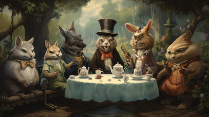 A group of anthropomorphic animals having a tea party - obrazy, fototapety, plakaty