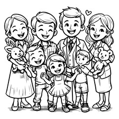 Naklejka premium kid drawing happy family cartoon character outline doodle for coloring book page vector illustration on white background