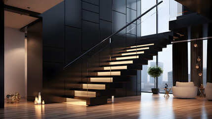 A spacious bright corridor leading to the living room and also to the second floor up the stairs ,Illuminated staircase with wooden steps and illuminated at night in the interior of a large house - obrazy, fototapety, plakaty