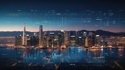 Financial graphs and digital indicators overlap with Double exposure of night skyscrapers San francisco city office buildings background. Banking, financial and trading concept. - obrazy, fototapety, plakaty