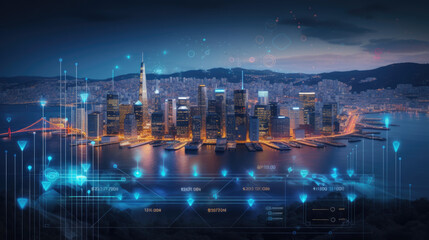 Financial graphs and digital indicators overlap with Double exposure of night skyscrapers San...