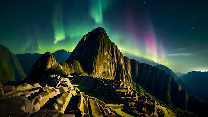 Shimmering aurora over Machu Picchu Photo real for Legal reviewing theme ,Full depth of field, clean bright tone, high quality ,include copy space, No noise, creative idea - obrazy, fototapety, plakaty