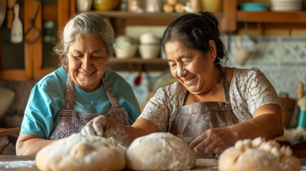 Two happy Latina women preparing bread dough in a traditional kitchen. - obrazy, fototapety, plakaty