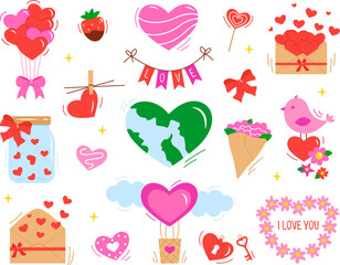 Collection of various decorative elements, stickers for your designs for Valentine's Day. Vector illustration