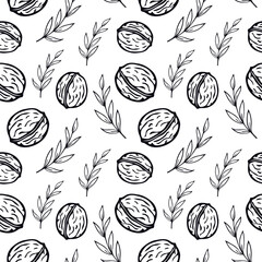 Walnuts and leaves in doodle style. Seamless pattern. Can be used for web page background fill, surface texture