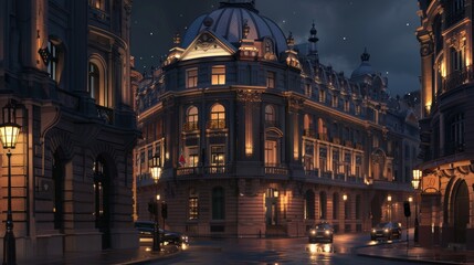 Fototapeta premium Urban Elegance Nighttime Symphony of Historical and Modern Architecture