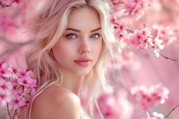 portrait of beautiful woman on pink cherry blossom background