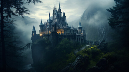 A haunted castle shrouded in mist and surrounded by ee - obrazy, fototapety, plakaty