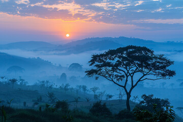 Uganda sunrise with trees, hills, shadows and morning fog