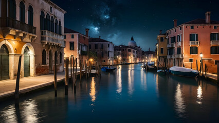 Venice canals reflecting a lunar fantasy Photo real for Legal reviewing theme ,Full depth of field, clean bright tone, high quality ,include copy space, No noise, creative idea