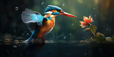 A beautiful kingfisher catching fish over the water .