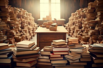 Education learning concept with opening book or textbook in old library, stack piles of literature text academic archive on reading desk and school study class room background - generative ai - obrazy, fototapety, plakaty