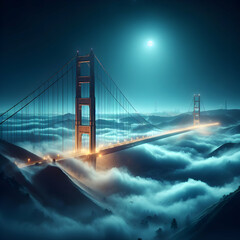 Mystical fog enveloping the Golden Gate Bridge Photo real for Legal reviewing theme ,Full depth of field, clean bright tone, high quality ,include copy space, No noise, creative idea