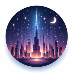 Starlit skyline of Dubai’s Burj Khalifa for 3D flat cute chibi icon with isolated white background in Legal review theme ,Full depth of field, high quality ,include copy space, No noise, creative idea