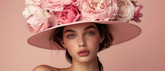  A woman wears a pink hat with flowers on top of her head against a pink wall backdrop