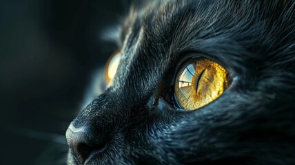 A detailed view of a black cats face showing its intense yellow eyes