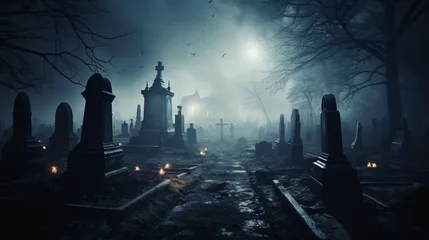  A haunted graveyard with eerie mist and spooky tombsto © Little