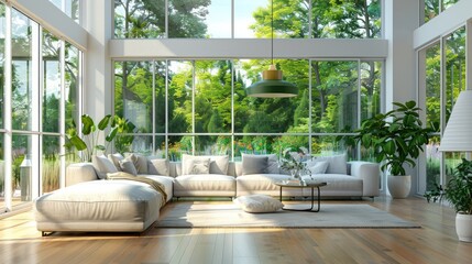 Modern living room interior with a garden view. 3d render, Generative AI