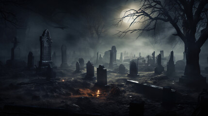 A haunted graveyard with eerie mist and spooky tombsto - obrazy, fototapety, plakaty