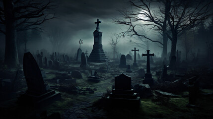 A haunted graveyard with eerie mist and spooky tombsto - obrazy, fototapety, plakaty