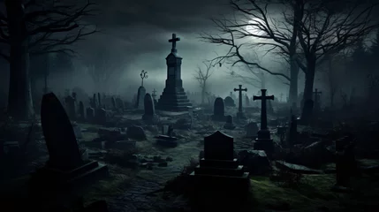 Zelfklevend Fotobehang A haunted graveyard with eerie mist and spooky tombsto © Little
