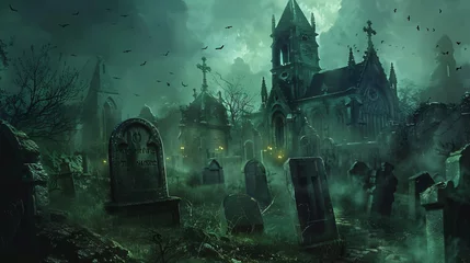 Poster A haunted graveyard with tombstones and mausoleums. © Little