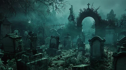 Foto op Canvas A haunted graveyard with tombstones and mausoleums. © Little