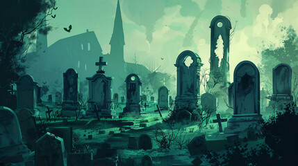 A haunted graveyard with tombstones and mausoleums.