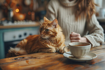 White Woman drinking tea and stroking cat on the kitchen. Cozy morning routine at home. Cute ginger...