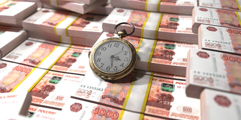 Time is money illustration 3d rendering decorated with clock and rusian 5000 bill