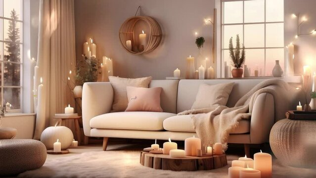3d rendering. Scandinavian farmhouse, hygge home interior design modern living room. Warm and inviting fall
