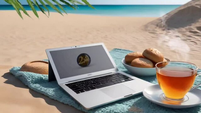 coffee and laptop with cookies on rug in the beach. Seamless looping time-lapse 4k video animation background