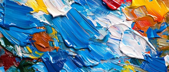  A clear close-up of the abstract artwork on paper with shades of blue, orange, yellow, and white paint