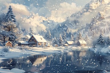 a snowy mountain landscape with houses and a lake