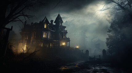 A haunted mansion shrouded in fog with ghostly apparit - obrazy, fototapety, plakaty
