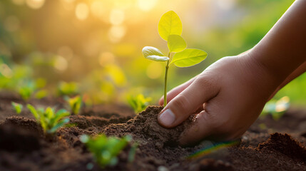  A hand gently presses soil around a fresh plant under a warm, golden sunlight.