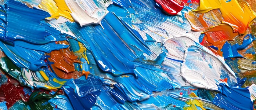  A clear close-up of the abstract artwork on paper with shades of blue, orange, yellow, and white paint © Albert
